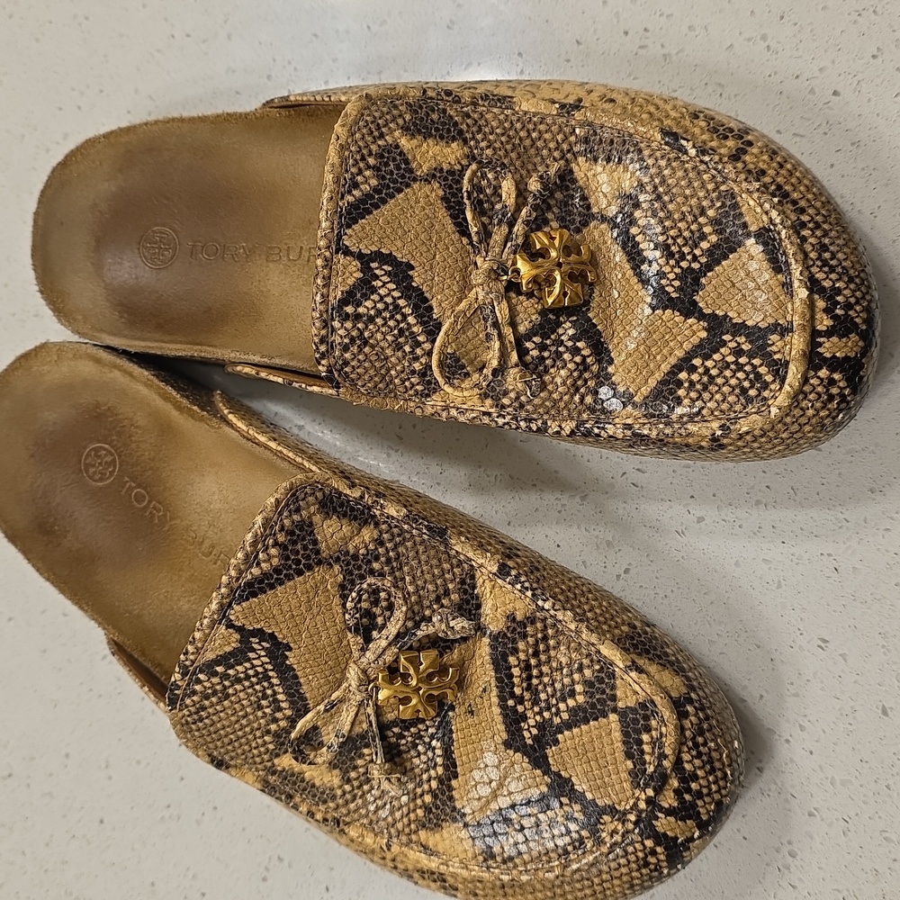 Tory Burch Brown Snakeskin Charm Mules with Gold Charm